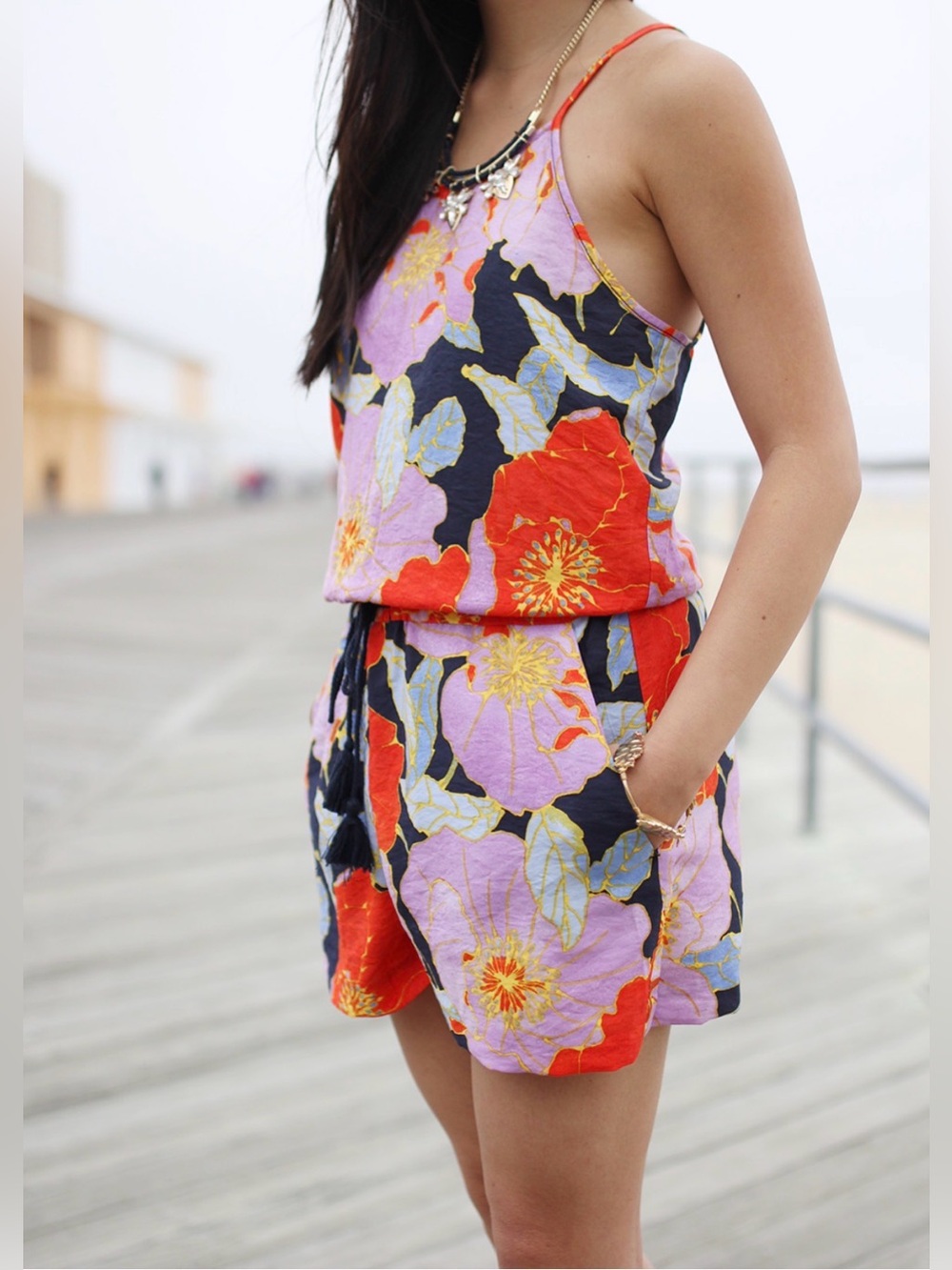 Ann Taylor Loft Purple Orange Full Bloom Floral Printed Romper Shorts Small